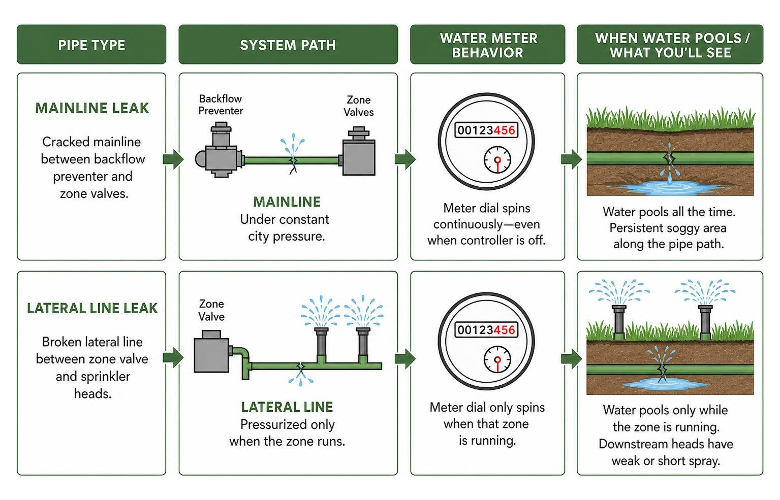 Mainline vs lateral line leak comparison and water meter behavior Mainline vs lateral line leak comparison and water meter behavior