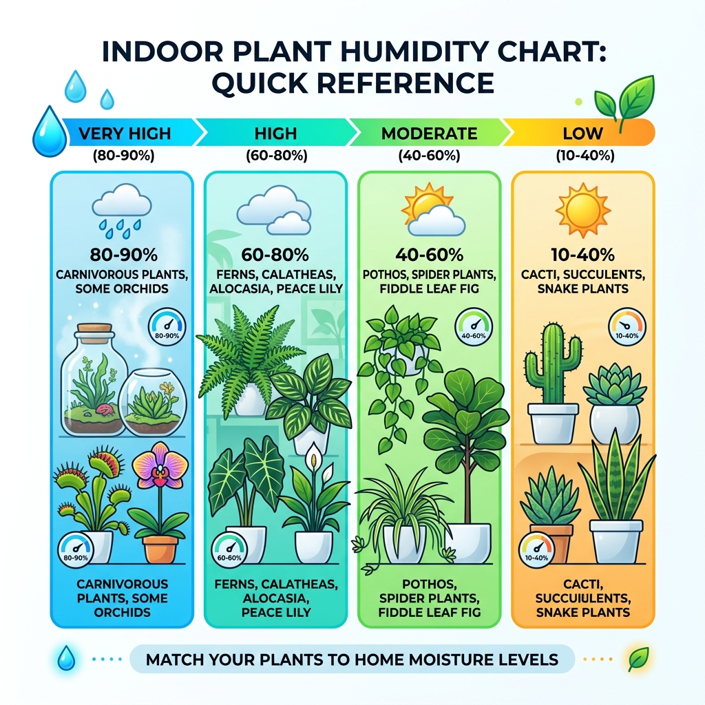 indoor plant humidity chart showing humidity ranges by plant category - indoor plant humidity chart infographic 