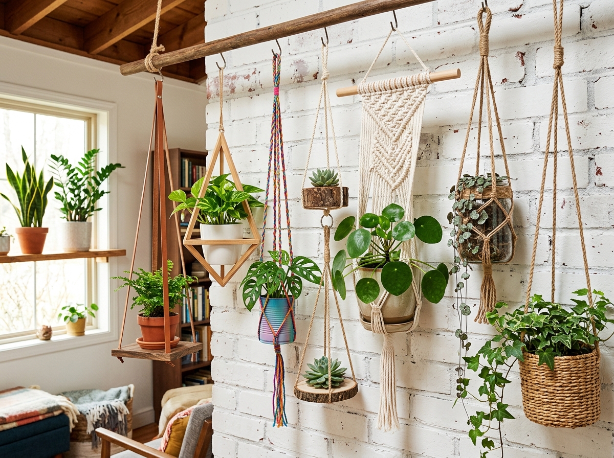 A collection of various DIY hanging indoor planters including macrame, wood, and upcycled styles - diy hanging indoor planter A collection of various DIY hanging indoor planters including macrame, wood, and upcycled styles - diy hanging indoor planter