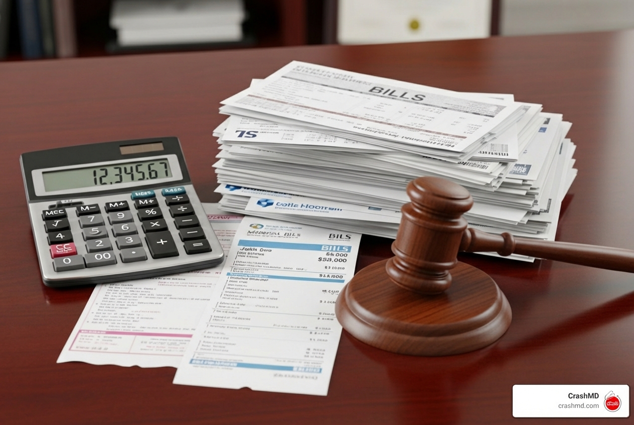 a calculator, medical bills, and a gavel to represent the calculation of damages - average settlement for car accident back and neck injury