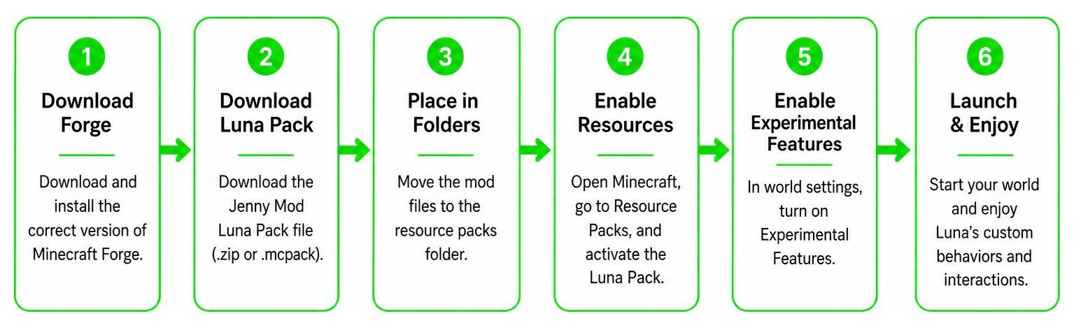 Step-by-step installation flow diagram for Jenny Mod Luna Pack