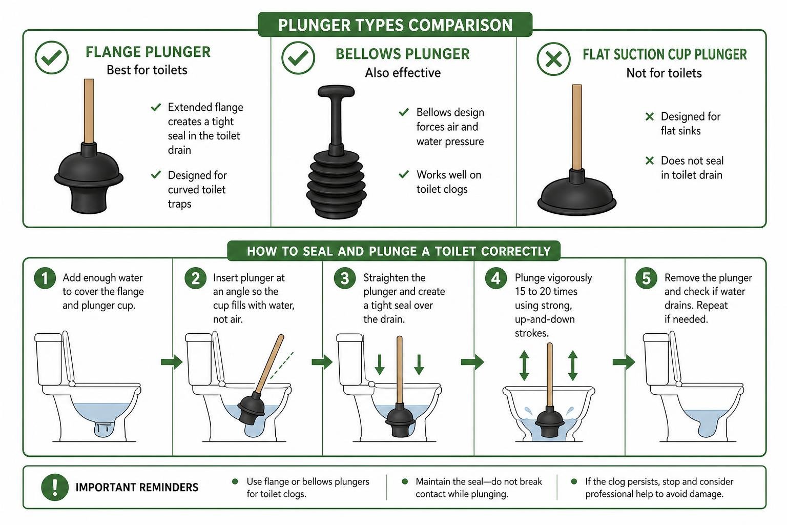 A comparison of plunger types and the correct way to seal a toilet drain A comparison of plunger types and the correct way to seal a toilet drain