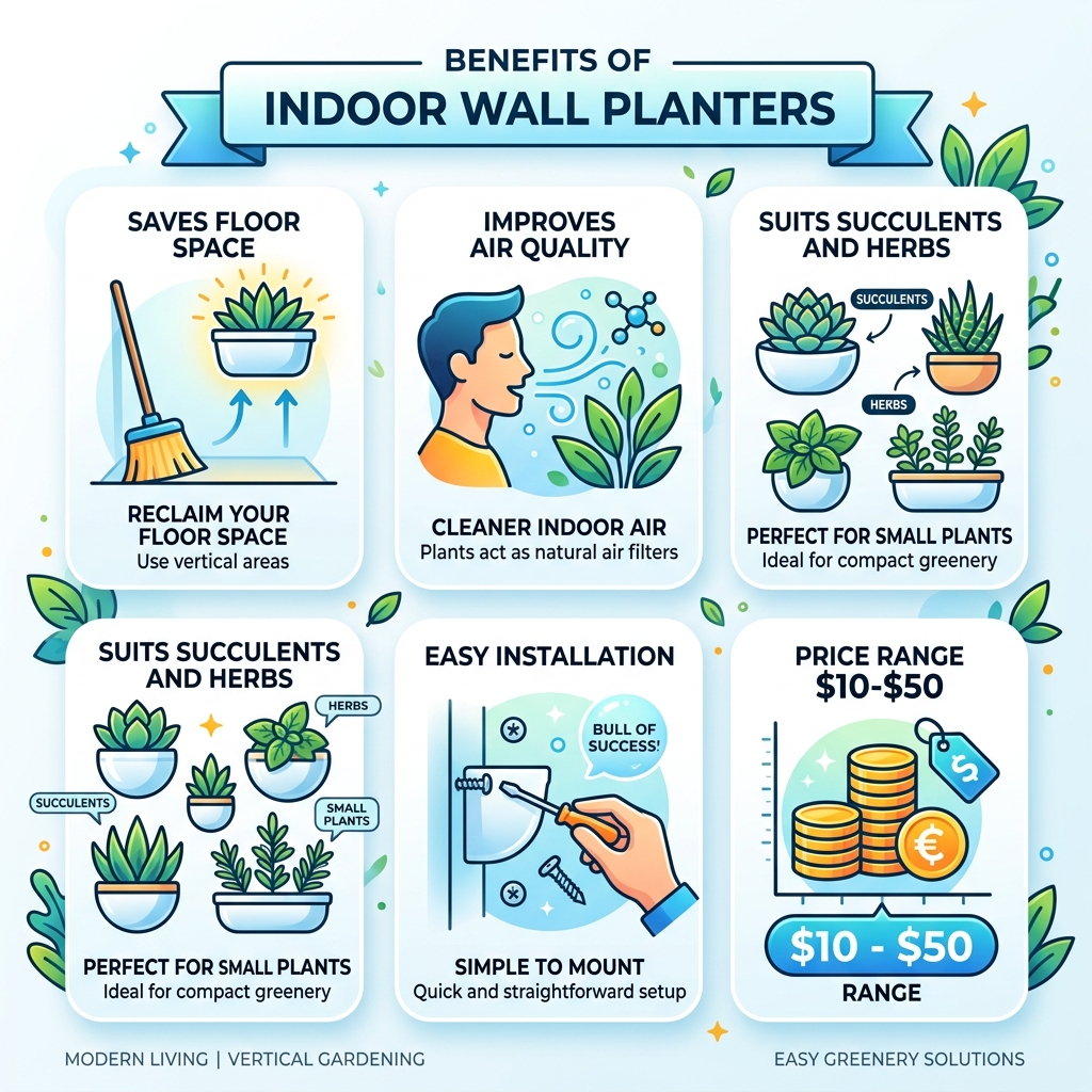 Benefits of indoor wall planters infographic: saves floor space, improves air quality, suits succulents and herbs, easy