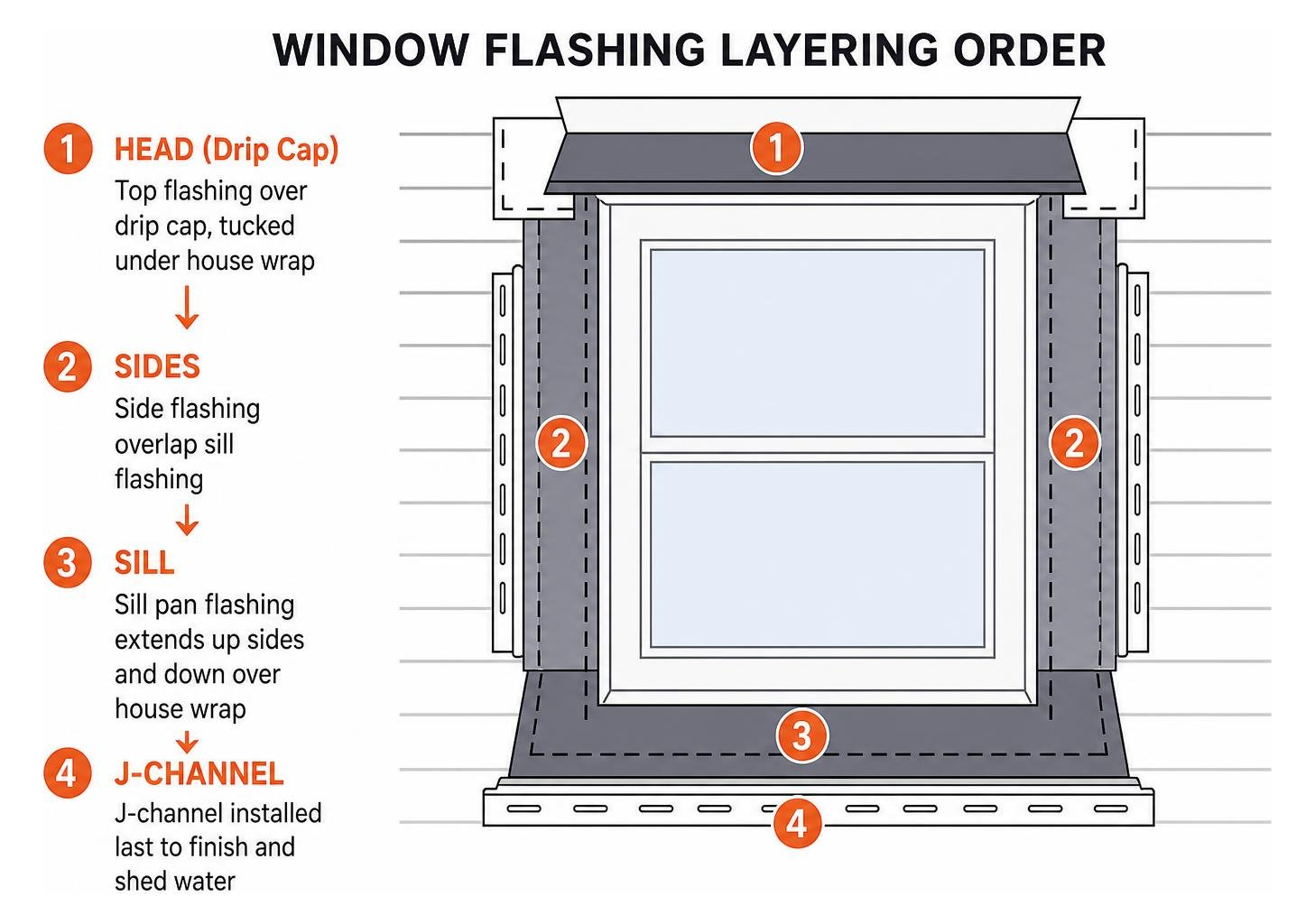 Window flashing layering order diagram sill sides head and drip cap Window flashing layering order diagram sill sides head and drip cap