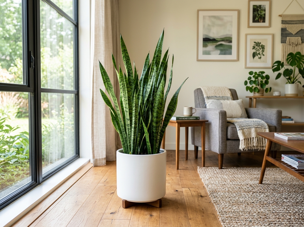 A resilient Snake Plant in a modern ceramic pot sitting in a sunlit living room - air purifier indoor plants for home A resilient Snake Plant in a modern ceramic pot sitting in a sunlit living room - air purifier indoor plants for home