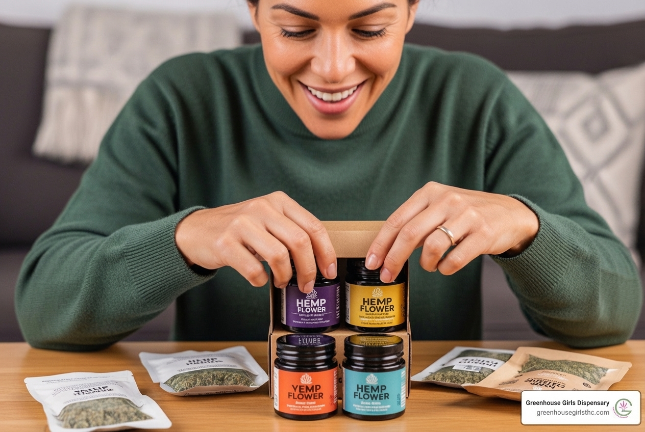 A person happily unboxing a hemp flower sampler pack - Hemp flower sampler