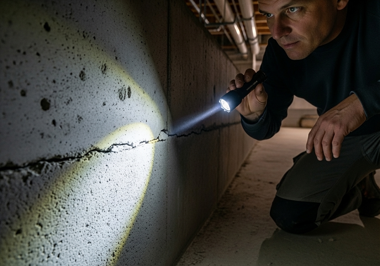 person inspecting foundation crack - how to fix foundation cracks by yourself