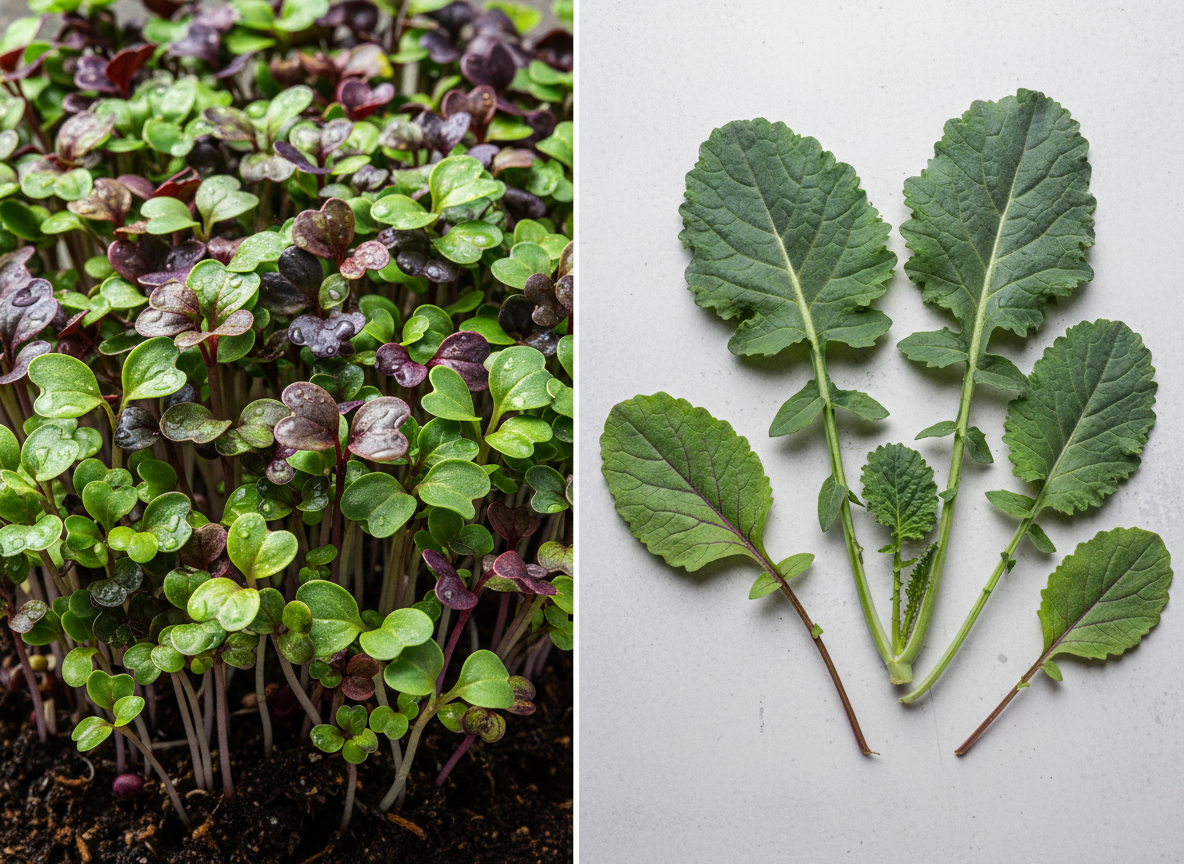 Comparing the size and vibrant color of microgreens versus mature vegetable leaves - best microgreens for health Comparing the size and vibrant color of microgreens versus mature vegetable leaves - best microgreens for health