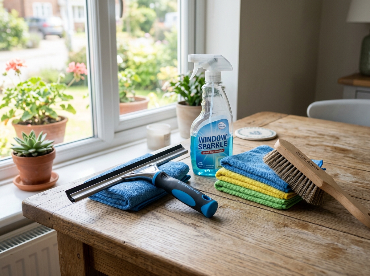 Window cleaning supplies including microfiber cloths and a squeegee - how to clean a double hung window Window cleaning supplies including microfiber cloths and a squeegee - how to clean a double hung window