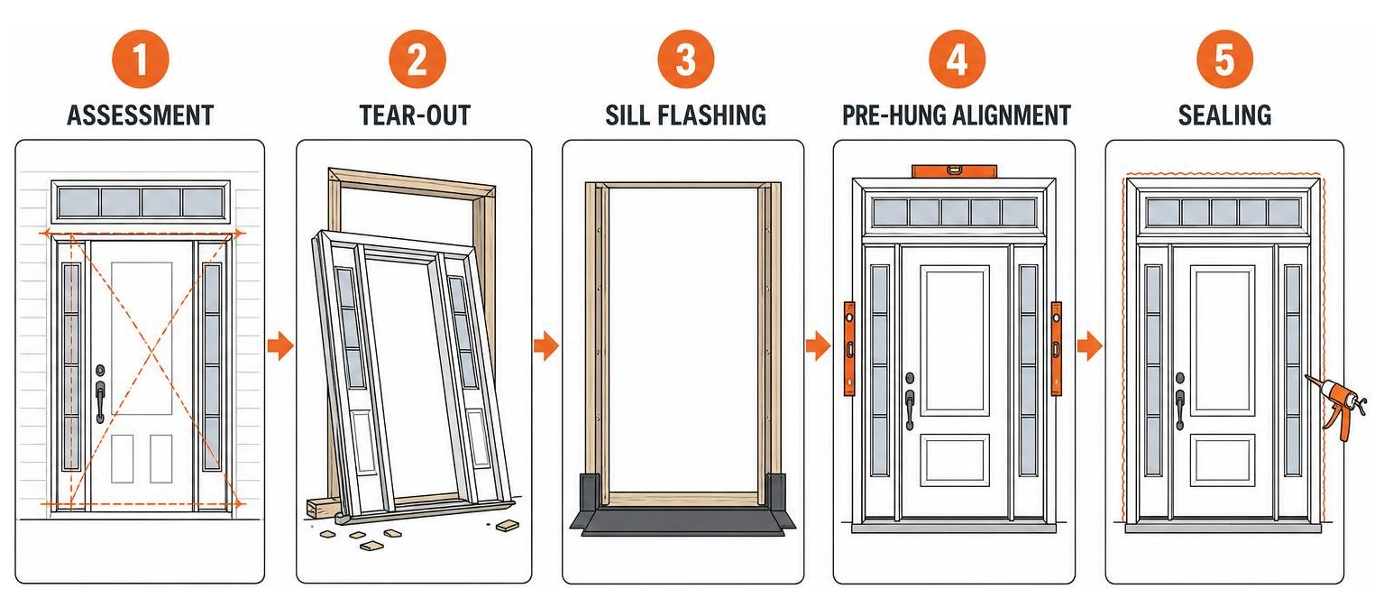 Diagram of the professional door installation process: assessment, tear-out, sill flashing, pre-hung alignment, and sealing Diagram of the professional door installation process: assessment, tear-out, sill flashing, pre-hung alignment, and sealing