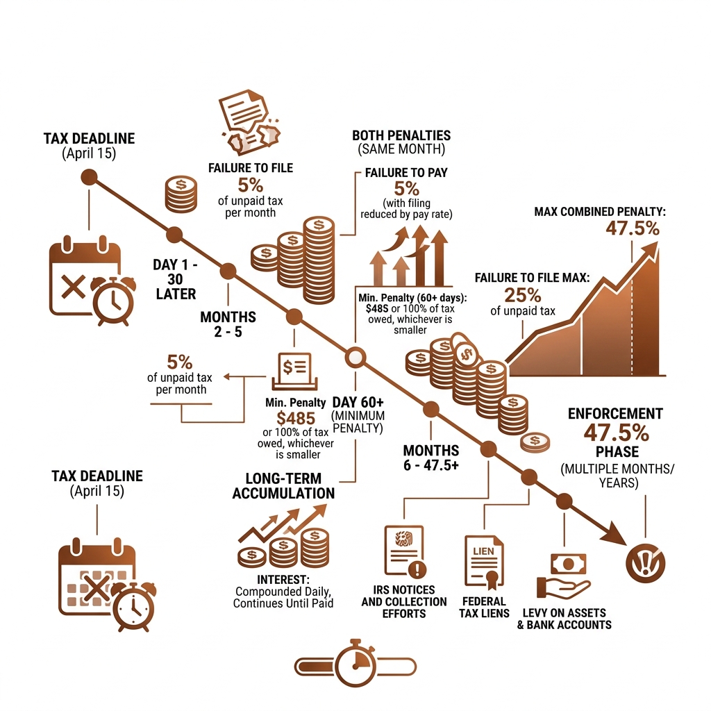 Timeline of IRS late filing and payment penalties from missed deadline to enforcement - federal tax late penalty infographic 