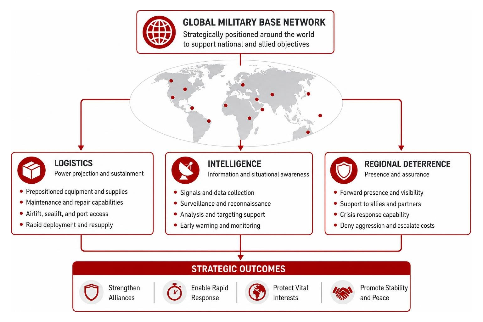 Diagram showing how global military bases connect logistics, intelligence, and regional deterrence Diagram showing how global military bases connect logistics, intelligence, and regional deterrence