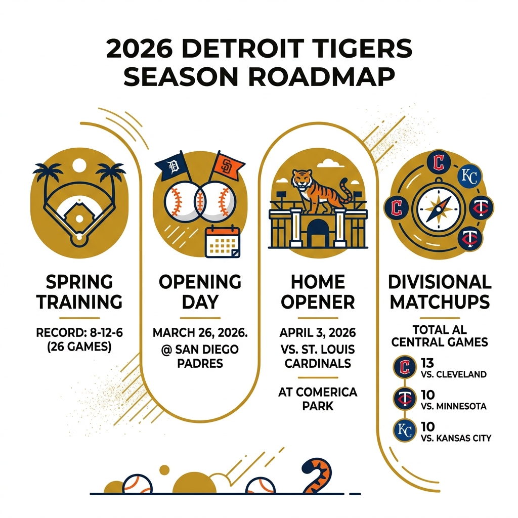 2026 Detroit Tigers season roadmap infographic: Opening Day, home games, divisional matchups, and Spring Training record