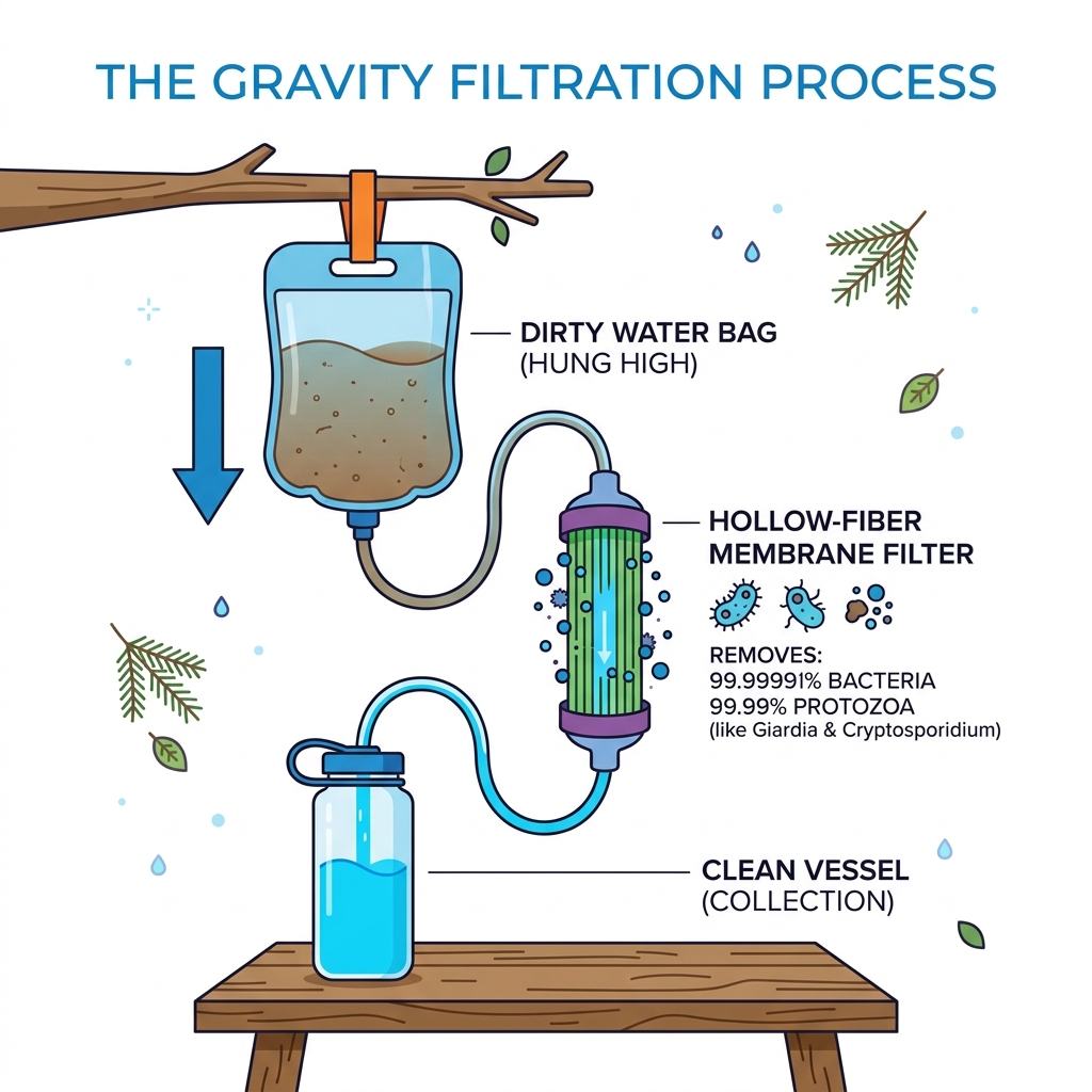 Gravity filtration process from dirty bag through hollow-fiber membrane to clean vessel - gravity water filter camping