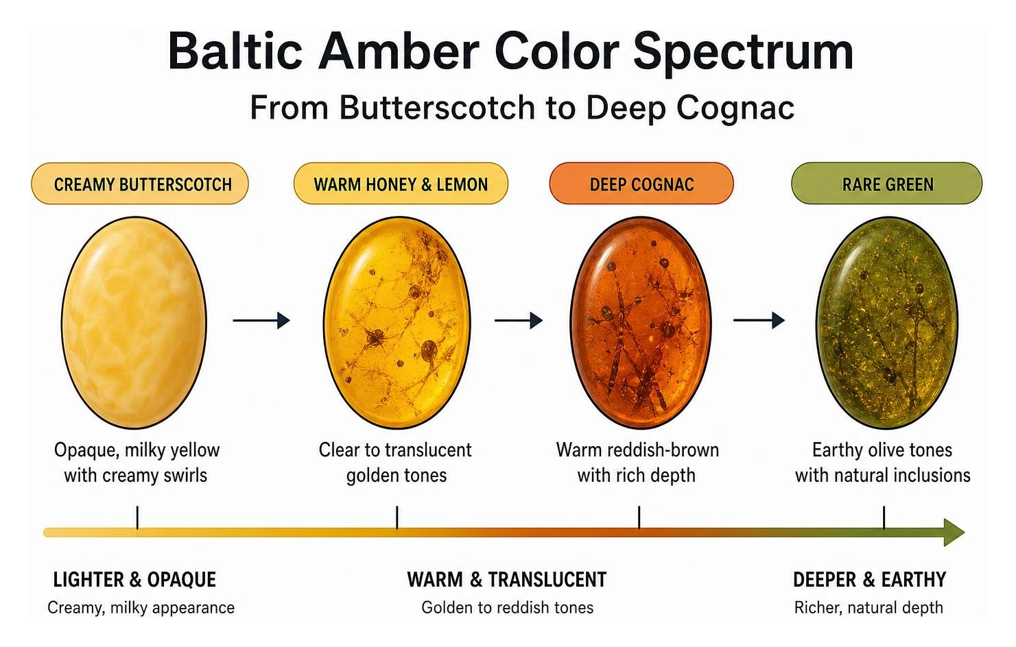 Diagram showing Baltic amber color spectrum from butterscotch to deep cognac Diagram showing Baltic amber color spectrum from butterscotch to deep cognac