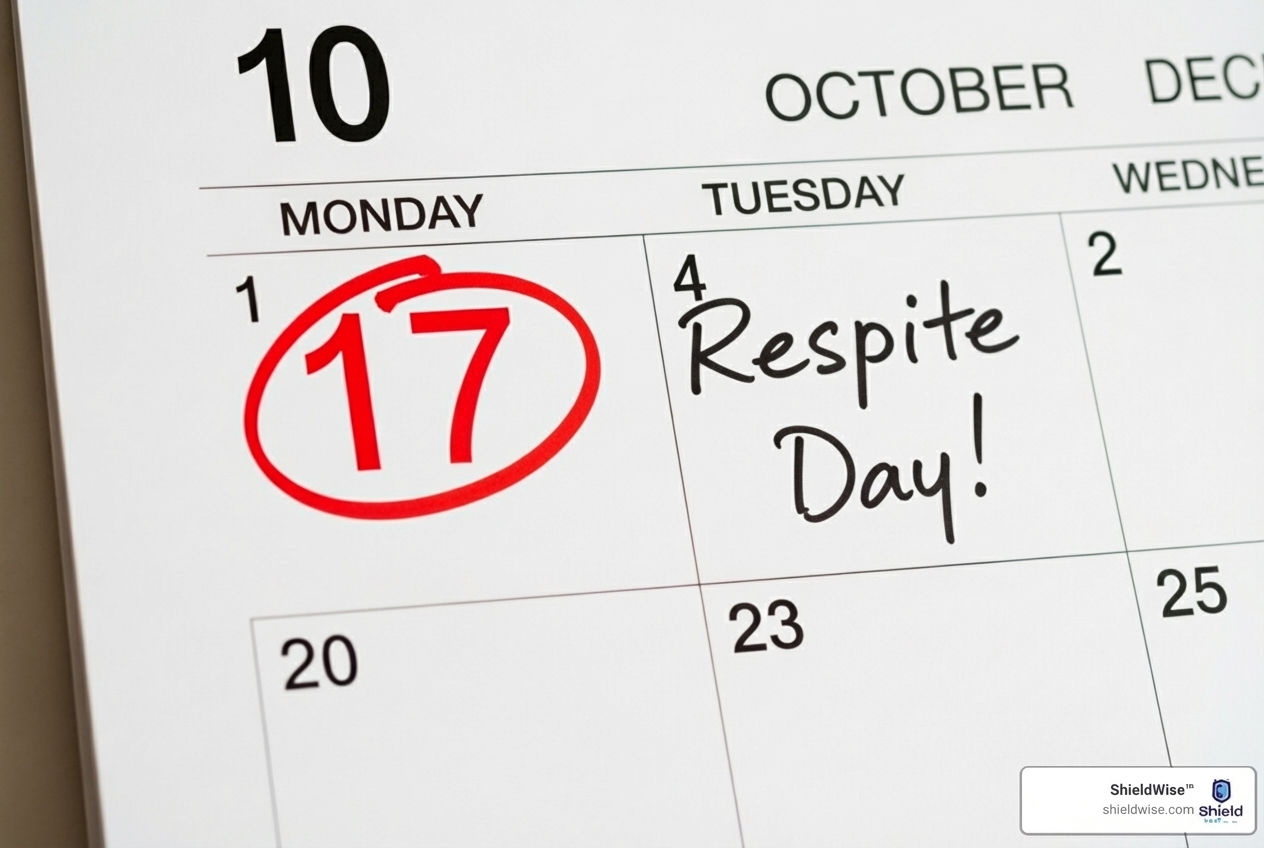 A calendar page with the date circled and "Respite Day!" written next to it, symbolizing a much-needed break for a caregiver. - medicare - for caregivers and adult children A calendar page with the date circled and "Respite Day!" written next to it, symbolizing a much-needed break for a caregiver. - medicare - for caregivers and adult children