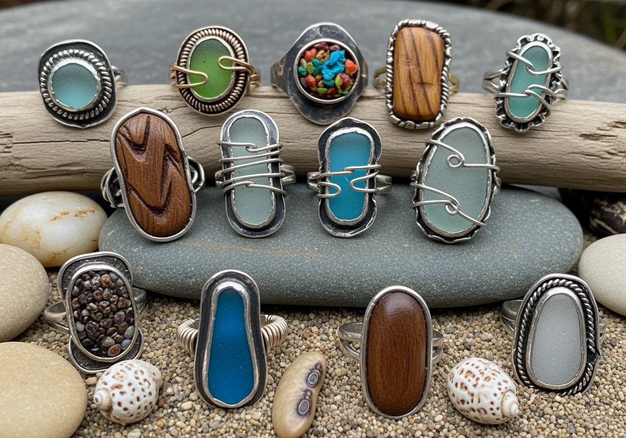 a collection of unique handcrafted rings made from recycled and natural materials - Handcrafted Jewelry