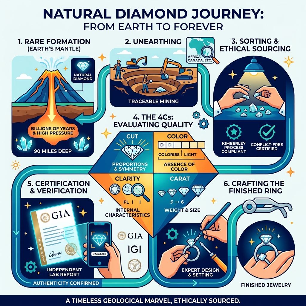 Infographic: Natural diamond jewelry journey from Earth's mantle to finished ring, covering rarity, 4Cs, certification, and Infographic: Natural diamond jewelry journey from Earth's mantle to finished ring, covering rarity, 4Cs, certification, and