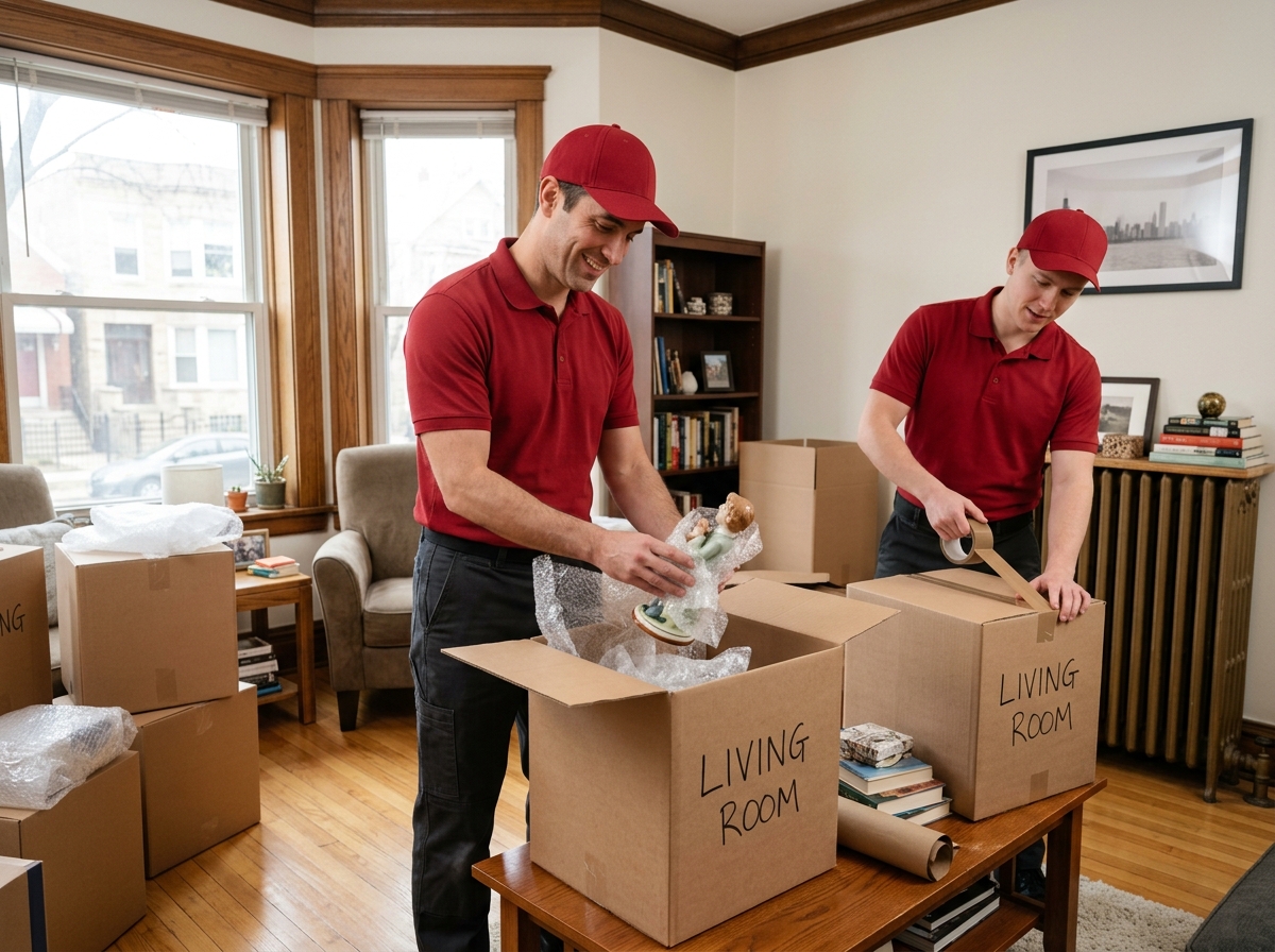 Professional movers in red uniforms and red caps packing household goods in a Chicago residential home - international