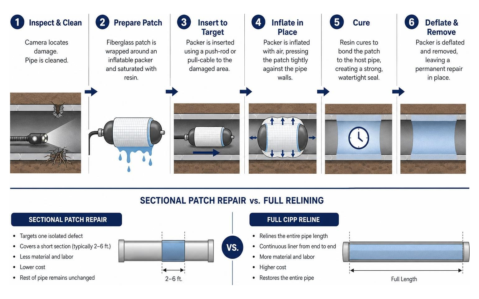 A step-by-step diagram of how a trenchless drain patch liner is inflated and cured in place A step-by-step diagram of how a trenchless drain patch liner is inflated and cured in place