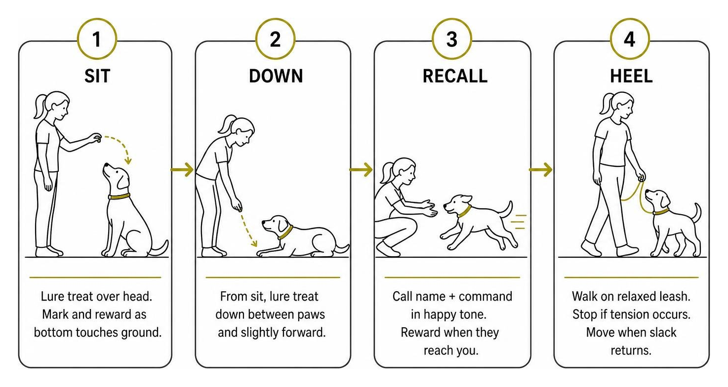 dog command progression diagram showing sit down recall and heel dog command progression diagram showing sit down recall and heel