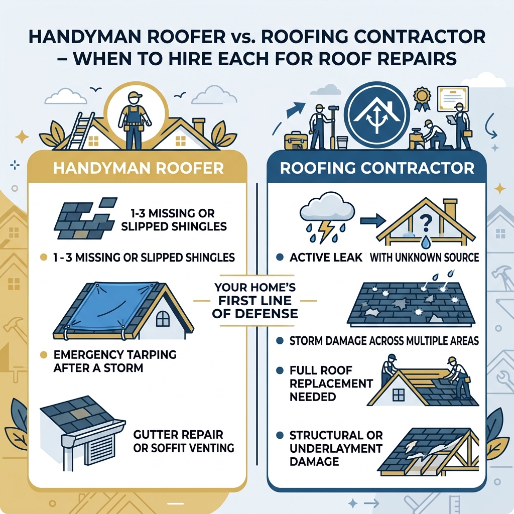 Infographic: Handyman Roofer vs. Roofing Contractor - when to hire each for roof repairs - handyman roofer near me Infographic: Handyman Roofer vs. Roofing Contractor - when to hire each for roof repairs - handyman roofer near me