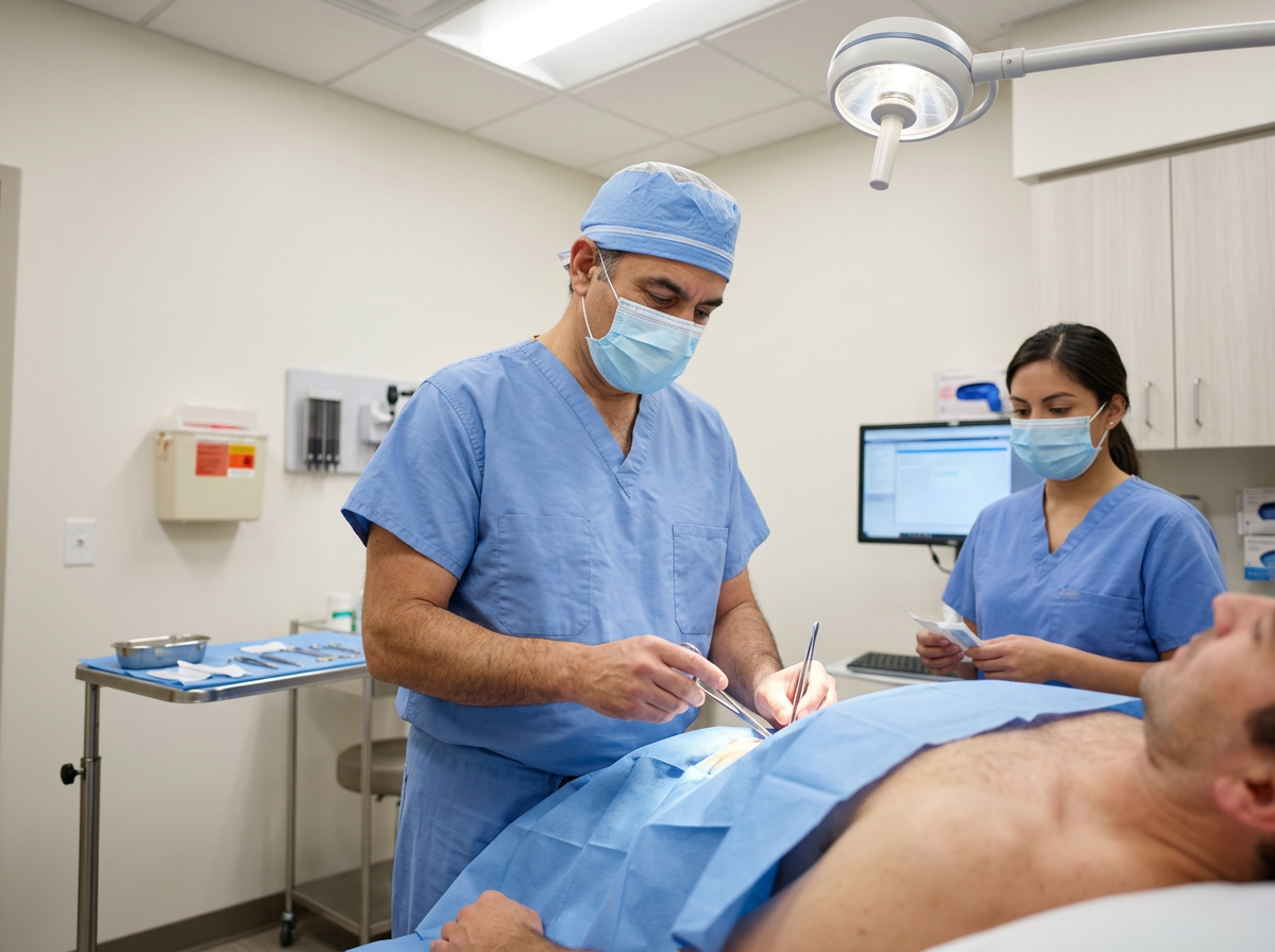 Urologist performing no-scalpel vasectomy