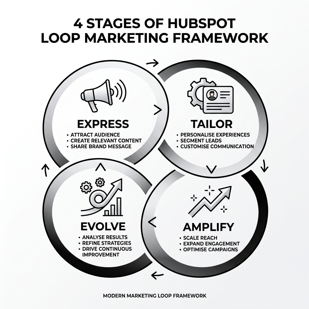 4 stages of HubSpot Loop Marketing framework: Express, Tailor, Amplify, Evolve - HubSpot marketing automation setup