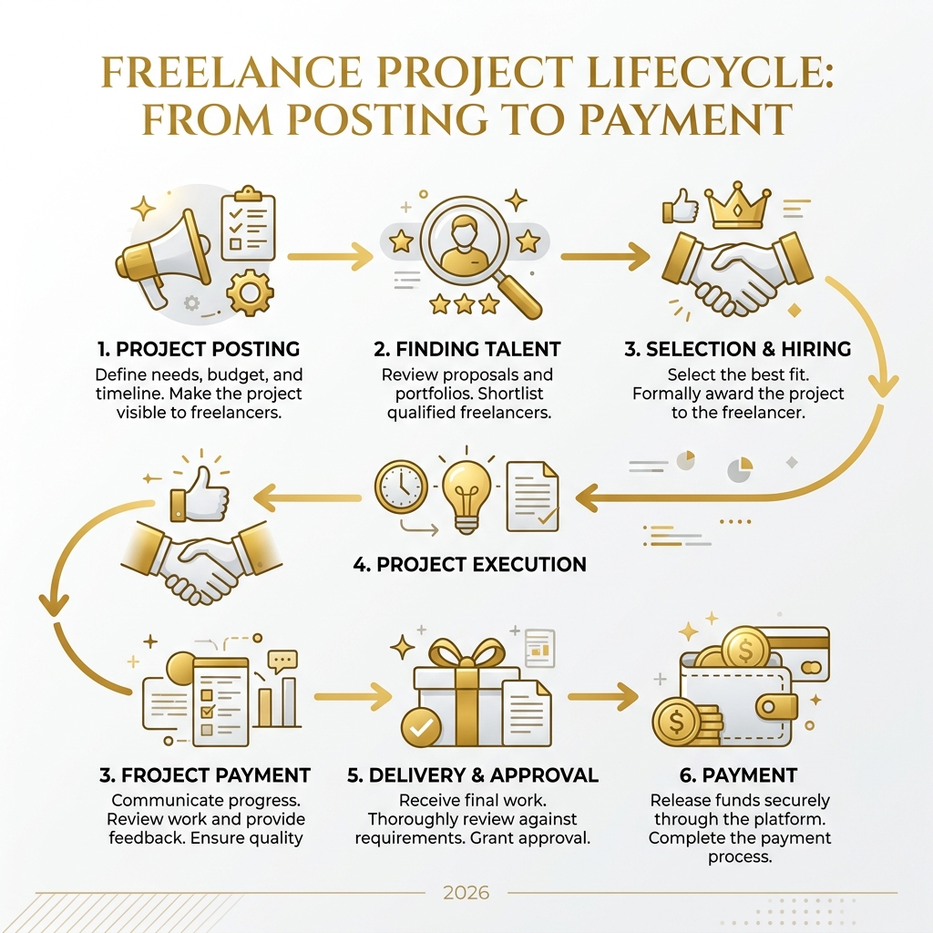 Freelance project lifecycle from posting to payment infographic - free lance com infographic 