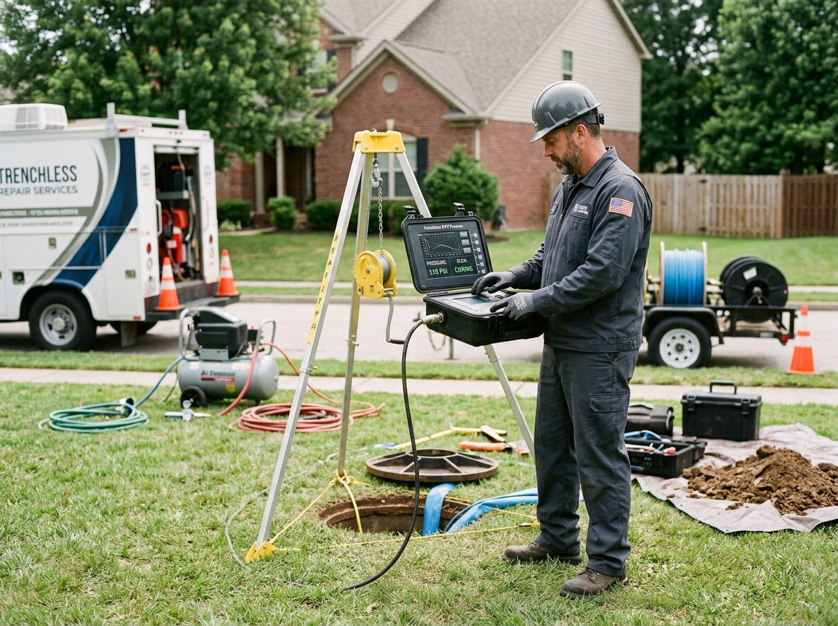 Technician using a digital control panel for trenchless pipe repair - how does trenchless sewer line replacement work