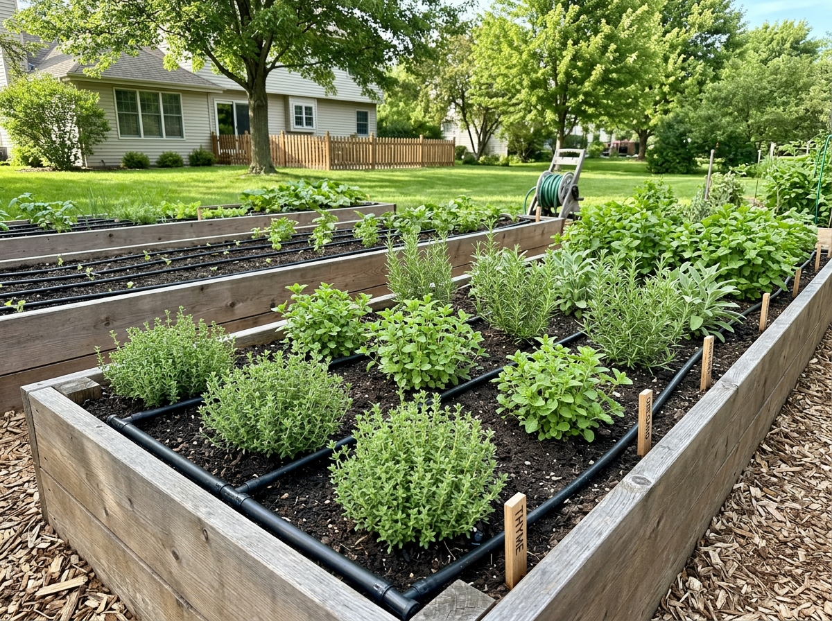 properly spaced herb garden rows with drip irrigation - thyme downy mildew fix