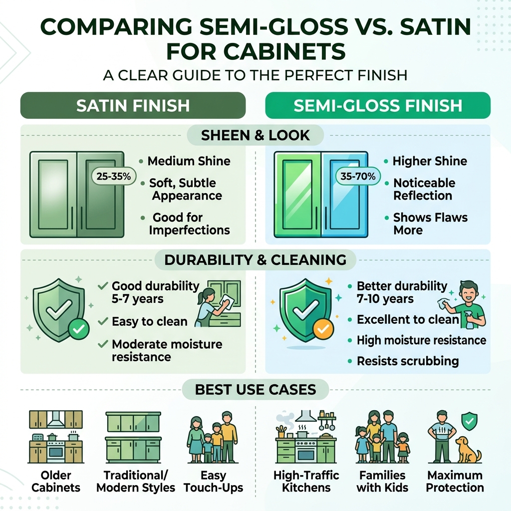 Infographic comparing semi-gloss vs satin for cabinets: sheen, durability, cleaning, and best use cases - semi gloss vs Infographic comparing semi-gloss vs satin for cabinets: sheen, durability, cleaning, and best use cases - semi gloss vs