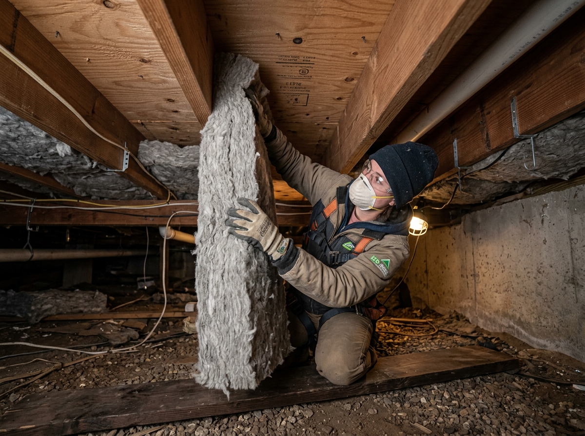 Installer fitting stone wool insulation between floor joists - floor insulation installer