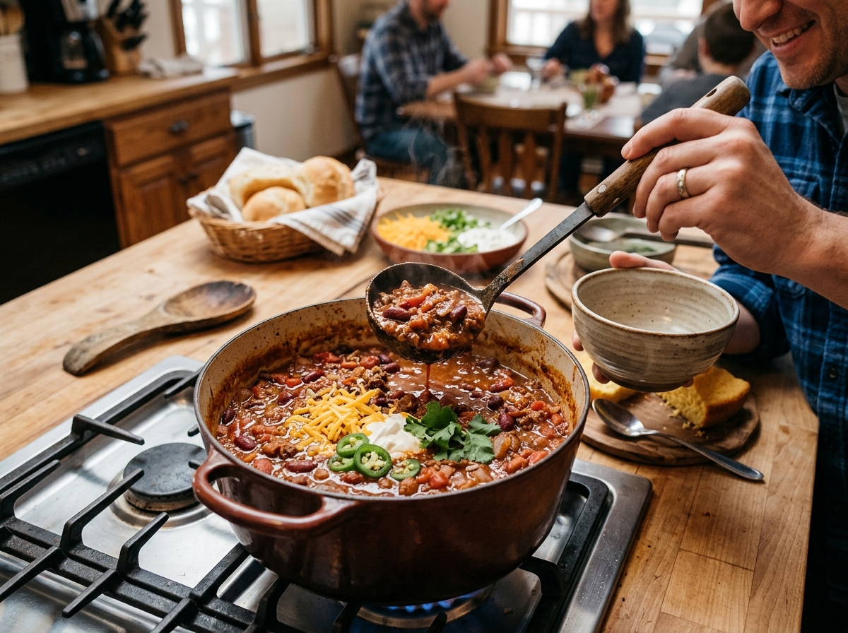 a large pot of hearty chili being served with a ladle - bulk cooking recipes