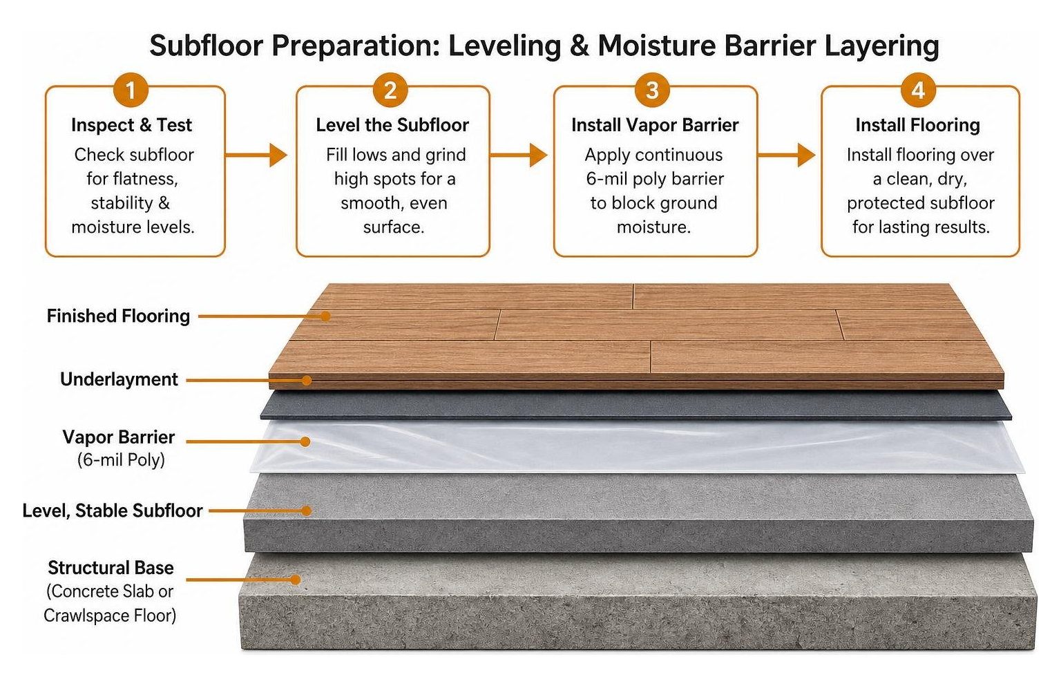 Diagram illustrating proper subfloor preparation leveling and moisture barrier layering