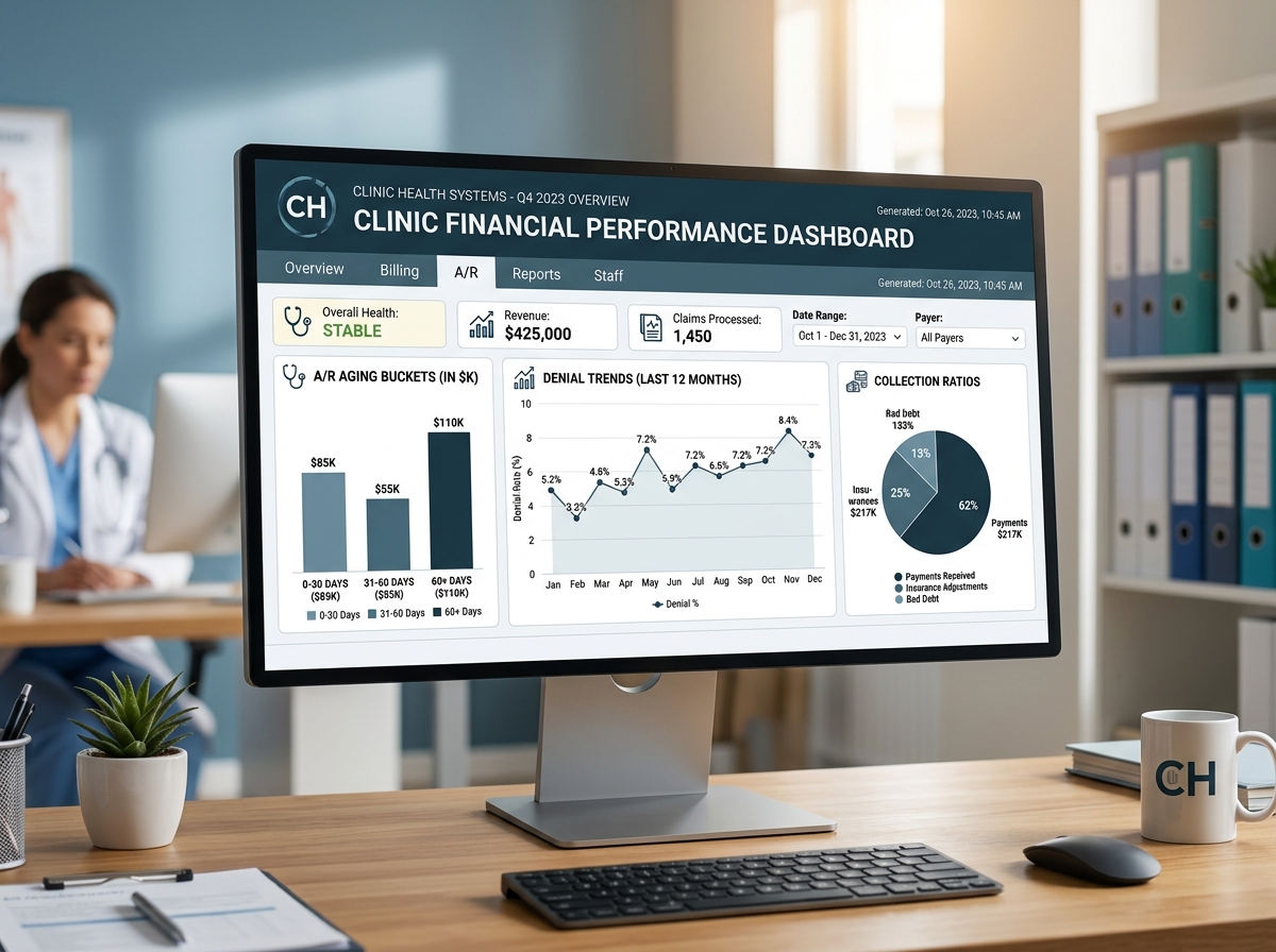 Financial performance dashboard showing A/R aging, denial trends, and collection ratios - best medical billing services usa Financial performance dashboard showing A/R aging, denial trends, and collection ratios - best medical billing services usa