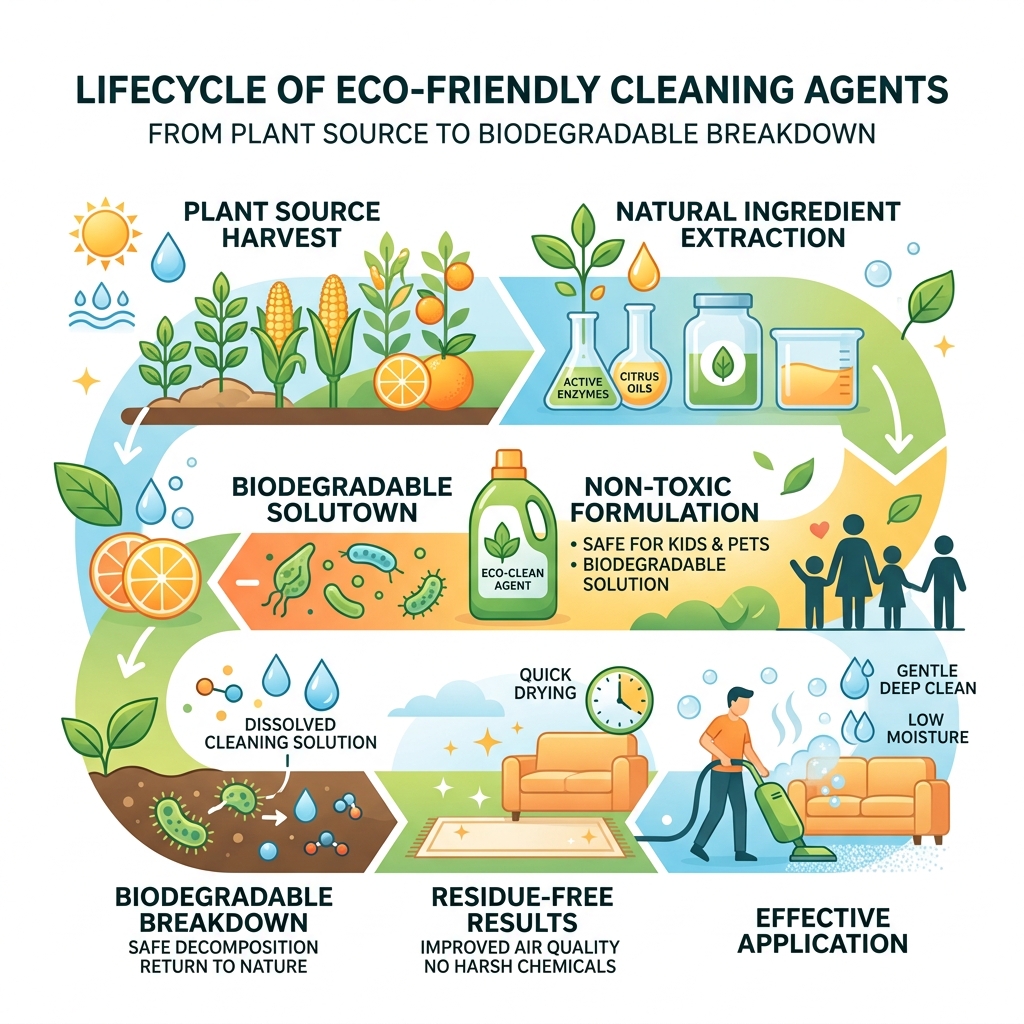 Lifecycle of eco-friendly cleaning agents from plant source to biodegradable breakdown - ecofriendly carpet & upholstery Lifecycle of eco-friendly cleaning agents from plant source to biodegradable breakdown - ecofriendly carpet & upholstery