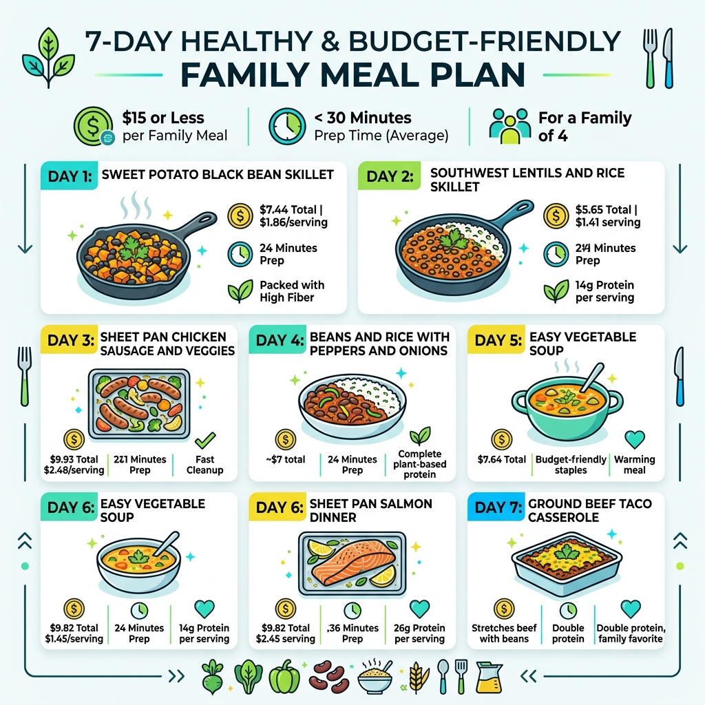 7-day healthy family meal plan infographic showing meals, costs, and prep times under 30 minutes - healthy meals for family