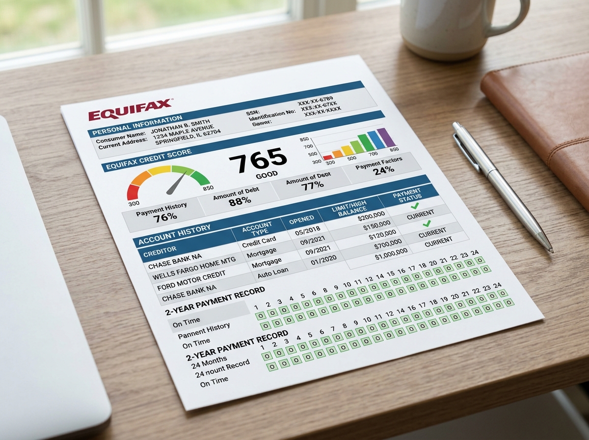 detailed credit report showing account history and personal information - improve credit score