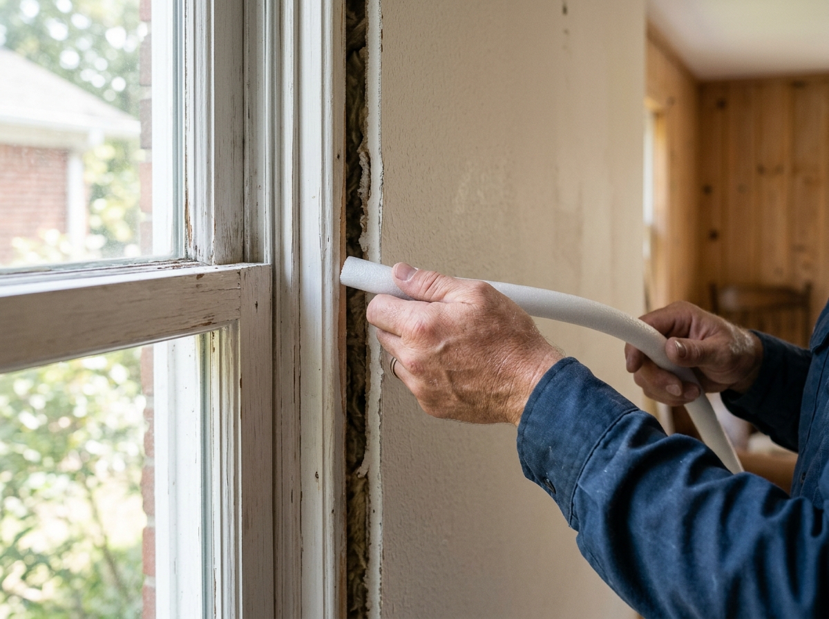 backer rod being inserted into a wide window gap before caulking - caulk for drafty windows