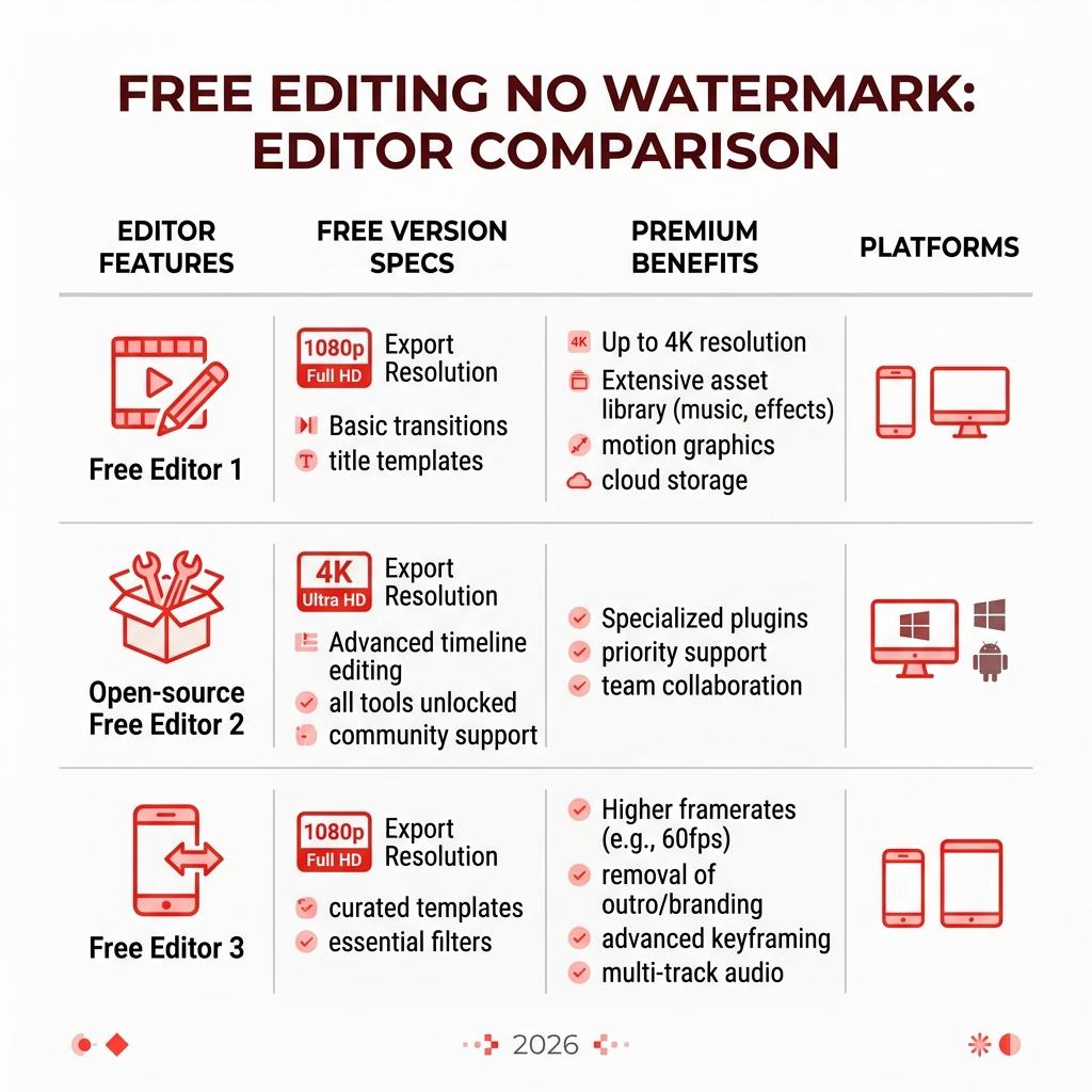 Comparison table of export resolutions and premium features for free editors - free editing without watermark infographic 