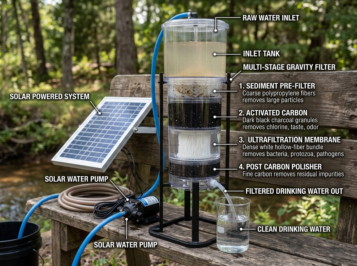 A multi-stage solar gravity filter showing different layers of filtration media - solar gravity water filter