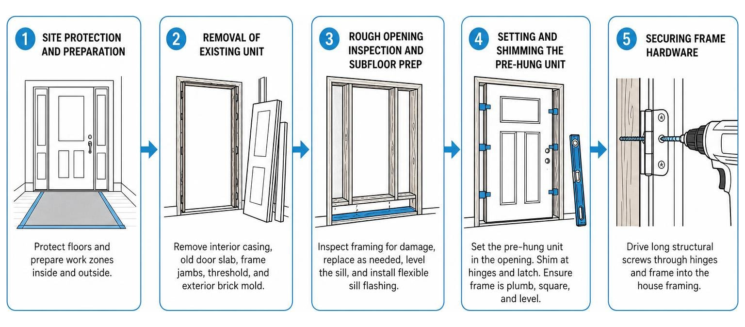Sequential workflow of professional single-day entry door installation Sequential workflow of professional single-day entry door installation