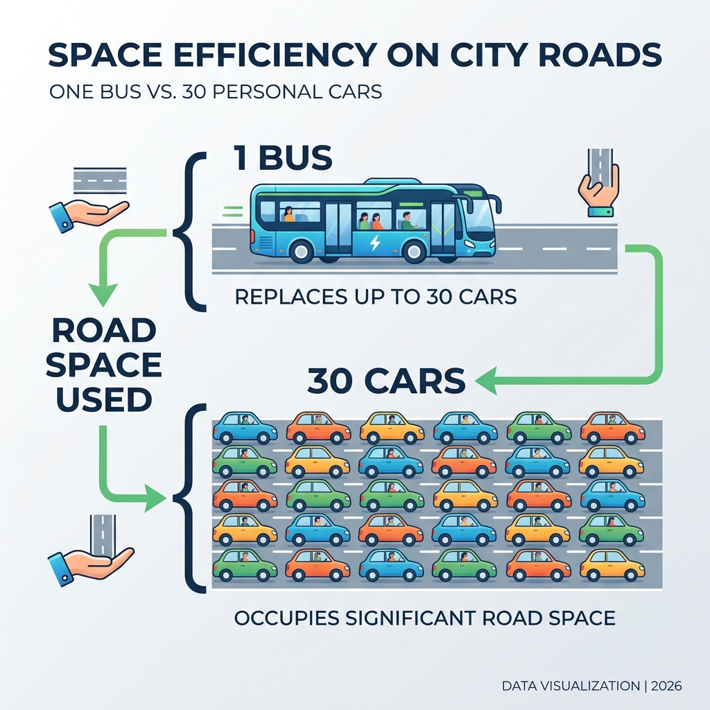infographic showing space efficiency of one bus replacing 30 personal cars on a city road - why should we use public infographic showing space efficiency of one bus replacing 30 personal cars on a city road - why should we use public
