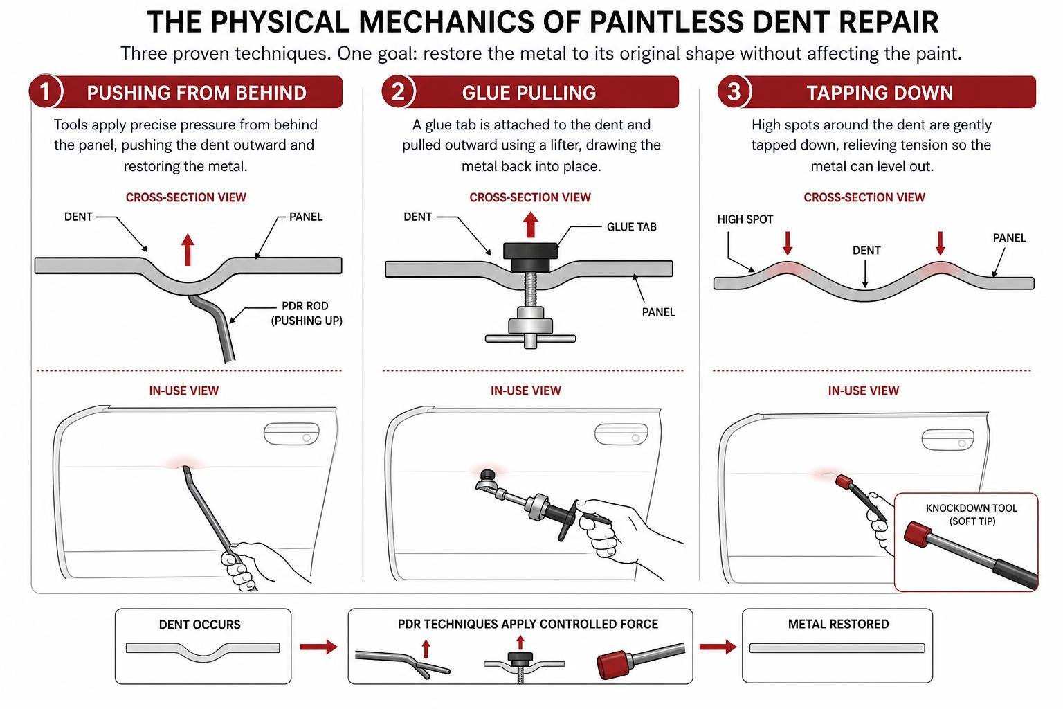 The physical mechanics of paintless dent repair showing pushing, glue pulling, and tapping down techniques The Physical Mechanics Of Paintless Dent Repair Showing Pushing, Glue Pulling, And Tapping Down Techniques
