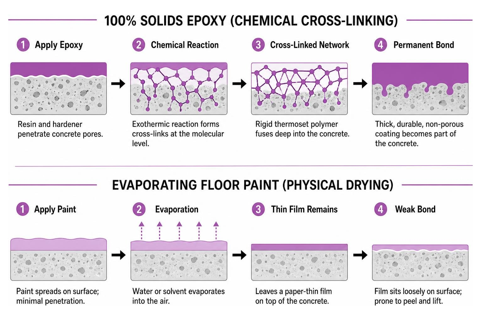 Comparison of molecular cross-linking in 100% solids epoxy vs evaporating floor paint Comparison of molecular cross-linking in 100% solids epoxy vs evaporating floor paint