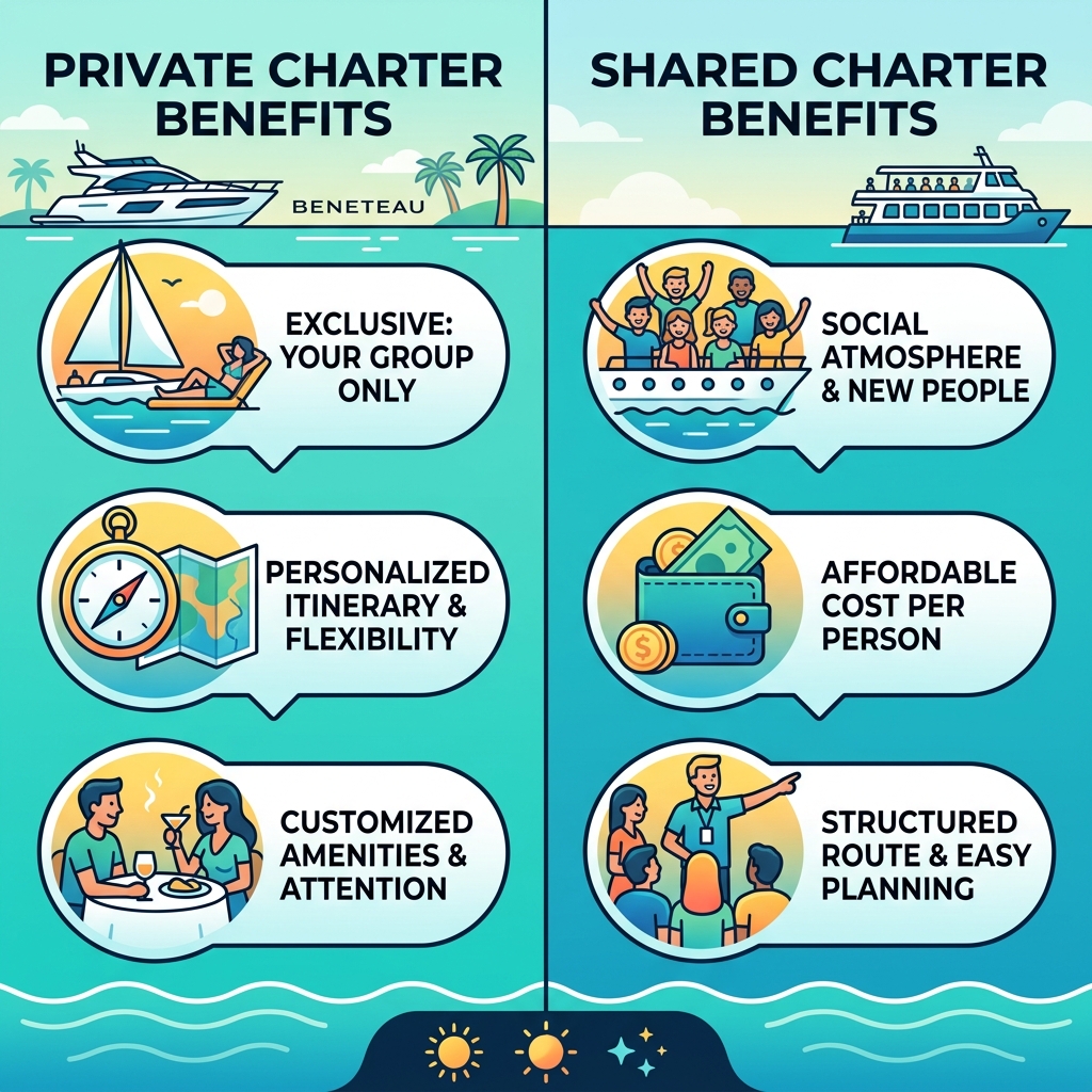 2eb291b0df3245dc9d09e237124a5fbd infographic explaining the benefits of private vs. shared charters - Folly Beach boat infographic