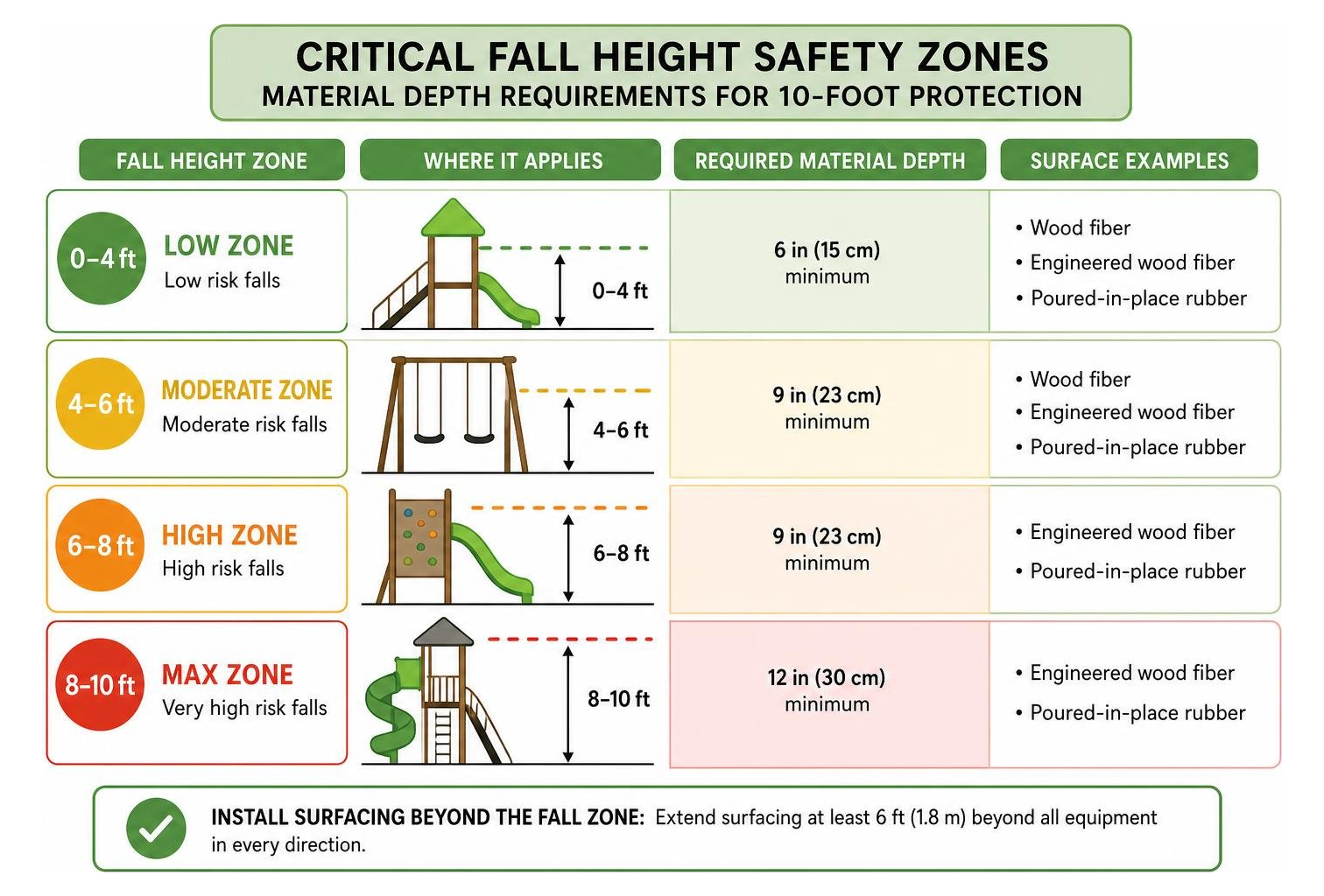 Diagram showing critical fall height safety zones and material depth requirements for 10-foot protection Diagram showing critical fall height safety zones and material depth requirements for 10-foot protection
