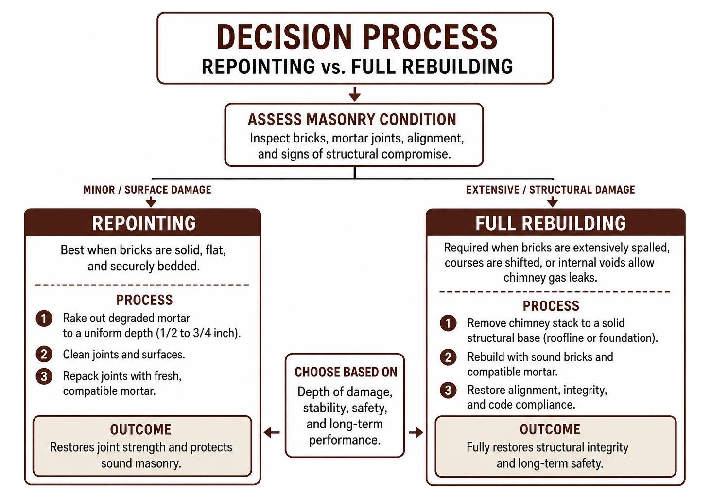 Decision process for chimney repointing versus full rebuilding