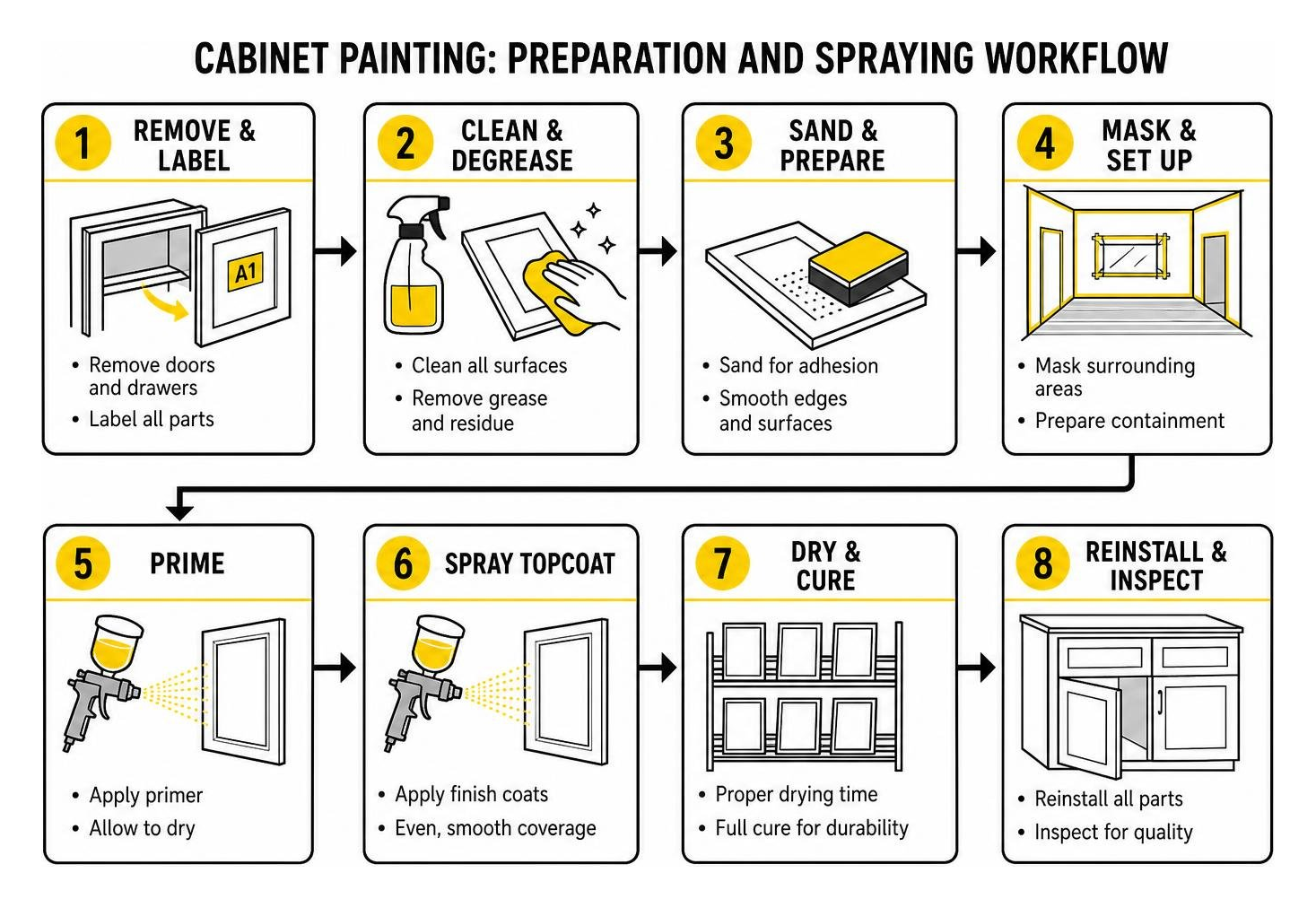 Cabinet painting preparation and spraying workflow Cabinet painting preparation and spraying workflow